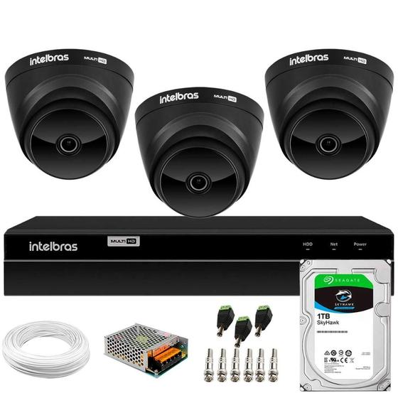 Imagem de Kit 03 Câmeras Intelbras VHD 1220 Dome Black Full HD 1080p, Lente 2.8mm, Visão Noturna 20m + DVR Intelbras MHDX 1308 8 Canais + HD SkyHawk 1TB