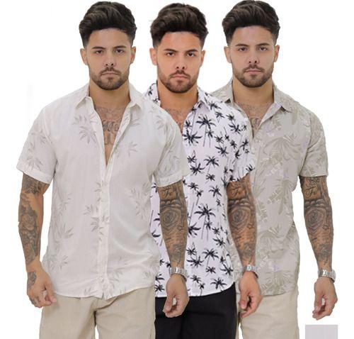 Imagem de Kit 03 Camisa Floral Slim Masculina Moda Praia Social