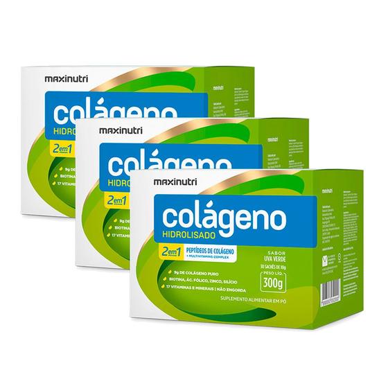 Imagem de Kit 03 Colágeno Hidrolisado 30 Saches Uva Verde Maxinutri