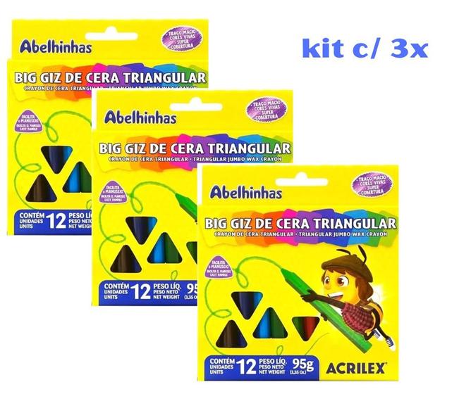 Imagem de kit 03 Giz de Cera Big Triangular Gizão Jumbo 12 Un. Acrilex