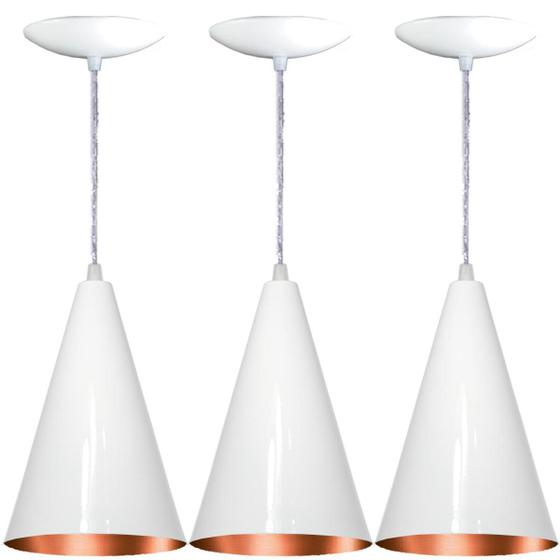 Imagem de Kit 03 Luminárias Pendente Cone Em Alumínio - Branco E Cobre