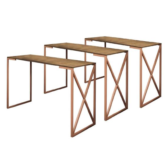 Imagem de Kit 03 Mesa Escrivaninha Escritório e Home Office BeX Industrial Ferro Bronze Tampo MDF Rústico - Ahz Móveis