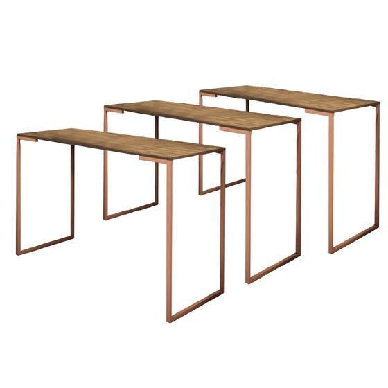 Imagem de Kit 03 Mesa Escrivaninha Escritório e Home Office Ley Industrial Ferro Bronze Tampo MDF Nogal - Ahz Móveis