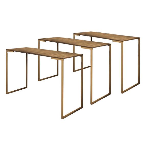 Imagem de Kit 03 Mesa Escrivaninha Escritório e Home Office Ley Industrial Ferro Dourado Tampo MDF Castanho - Ahz Móveis