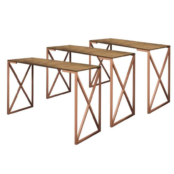 Imagem de Kit 03 Mesa Escrivaninha Escritório e Home Office X Zurik X Industrial Ferro Bronze Tampo MDF Castanho - Ahz Móveis