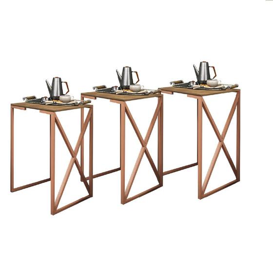 Imagem de Kit 03 Mesa Lateral Canto Aparador Buffet BeX Industrial Ferro Bronze Tampo Nogal - Ahz Móveis