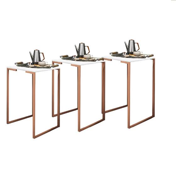 Imagem de Kit 03 Mesa Lateral Canto Aparador Buffet Stan Industrial Ferro Bronze Tampo Branco - Ahz Móveis