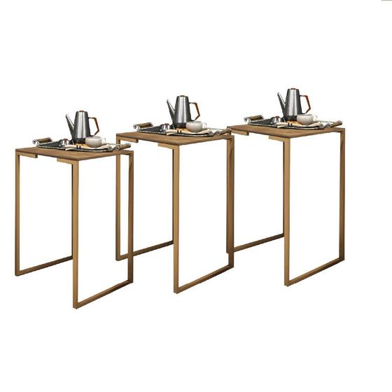 Imagem de Kit 03 Mesa Lateral Canto Aparador Buffet Stan Industrial Ferro Dourado Tampo Nogal - Ahazzo Móveis