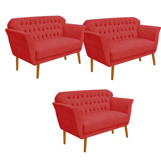 Imagem de Kit 03 Namoradeira  Decorativa  Ster com Capitone Pés Palito em Madeira 2 Lugares Sala de Estar Recepção Escritório material sintético Vermelho - Damaffê Móveis