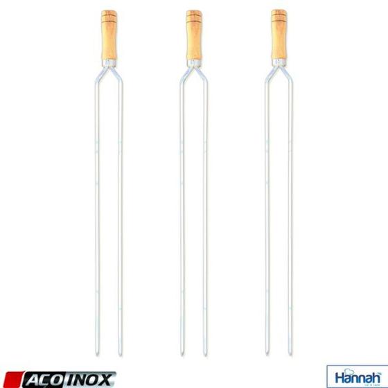 Imagem de Kit 03 Pçs Espeto Churrasco Alumínio Duplo  75 Cm Cabo Madeira