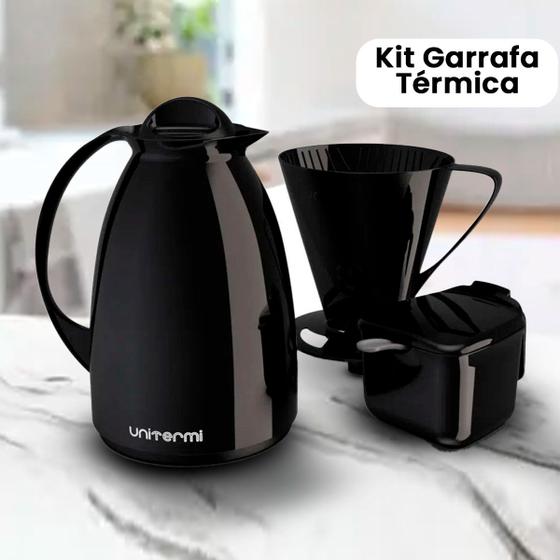 Imagem de Kit 03 peças Garrafa Termica Café Prático com Açucareiro com Colher e Suporte para Filtro  Preto