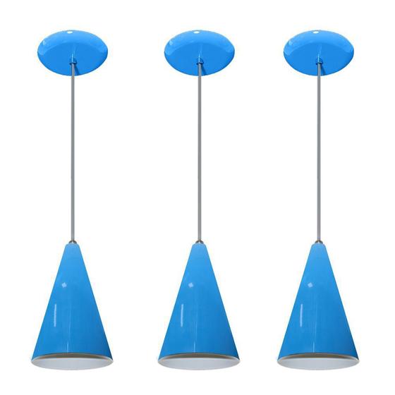 Kit 03 pendentes de alumínio modelo cone - ideal para balcão / bancada - Azul Menor preço em Kit 03 pendentes de alumínio modelo cone - ideal para balcão / bancada - Azul