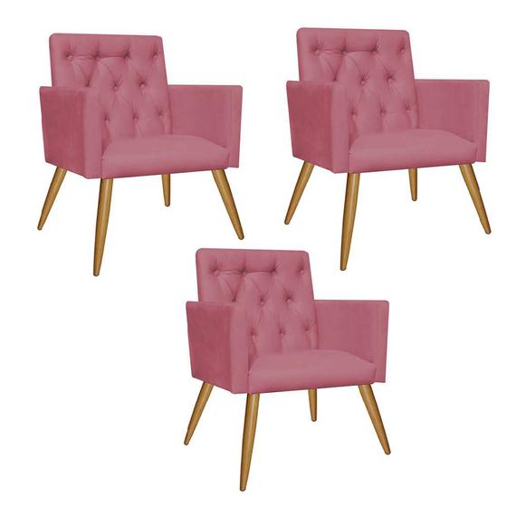 Imagem de Kit 03 Poltrona Cadeira Decorativa  Fernanda com Capitone Pés Palito  Sala de  Estar Recepção Escritório Suede Rosa Bebê - Damaffê Móveis