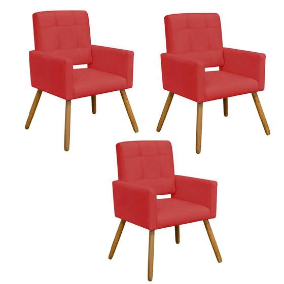 Imagem de Kit 03 Poltrona Cadeira Decorativa  Hit Pé Palito Sala de Estar Recepção Escritório Suede Vermelho - Damaffê Móveis