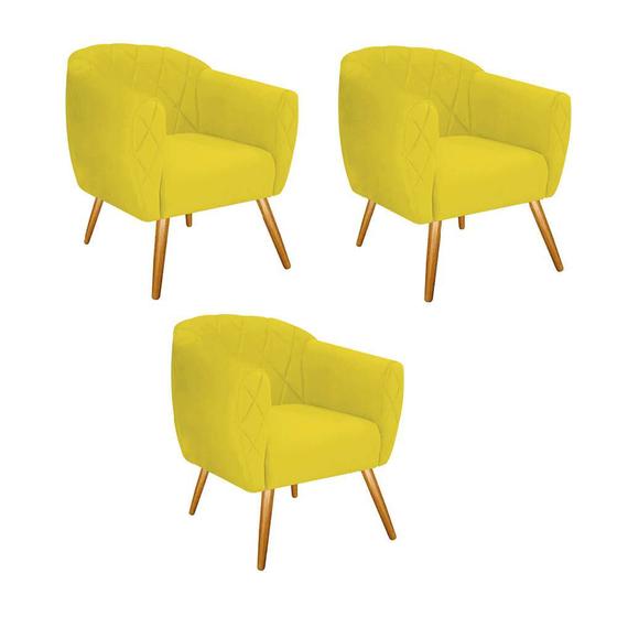 Imagem de Kit 03 Poltrona Cadeira Decorativa  Ludi Pés Palito Sala de Estar Recepção Escritório Suede Amarelo - KDAcanto Móveis