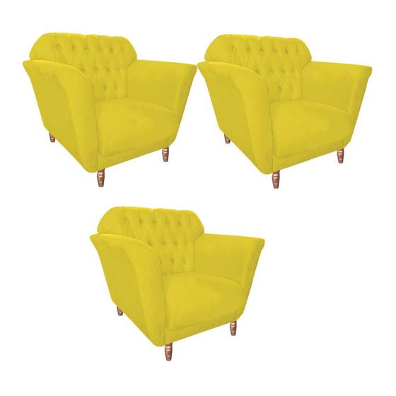 Imagem de Kit 03 Poltrona Cadeira Decorativa  Ster com Capitone  Sala de Estar Recepção Escritório material sintético Amarelo - Damaffê Móveis