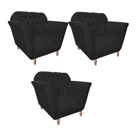 Imagem de Kit 03 Poltrona Cadeira Decorativa  Ster com Capitone  Sala de Estar Recepção Escritório Suede Preto - KDAcanto Móveis