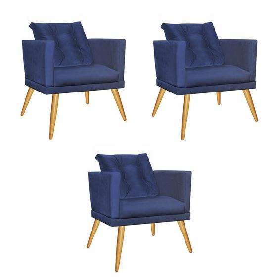 Imagem de Kit 03 Poltrona Cadeira Milena Confort Com almofada Sala Recepção Escritório Pé Caramelo Suede Azul Marinho - DAMAFFÊ MÓVEIS