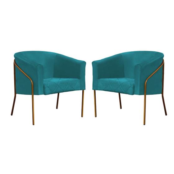 Imagem de Kit 03 Poltrona Cadeira Roni Luxo Industrial Ferro Dourado Suede Azul Turquesa - Ahazzo Móveis