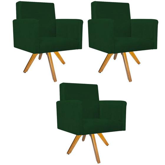 Imagem de kit 03 Poltronas Arenzza Base Giratória de Madeira Suede Verde - DAMAFFÊ MÓVEIS