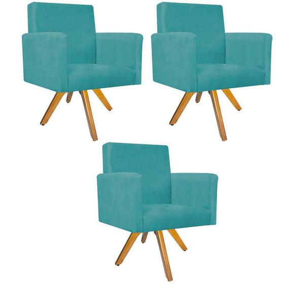 Imagem de kit 03 Poltronas Beatriz Base Giratória de Madeira Suede Azul Turquesa - DAMAFFÊ MÓVEIS