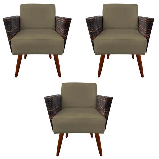 Imagem de Kit 03 Poltronas Chanel Braça Tramada Pés Palito Suede Marrom Rato - D'Classe Decor