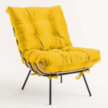 Imagem de Kit 03 Poltronas Costela Decorativa Sala de Estar Quarto Suede Amarelo