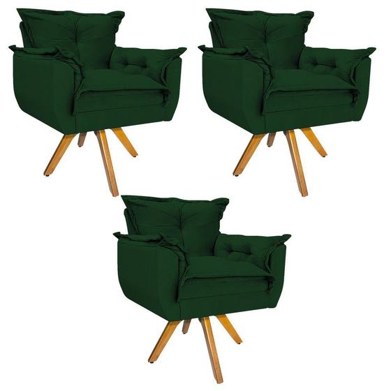 Imagem de kit 03 Poltronas Decorativas Apolo Base Giratória de Madeira Suede Verde