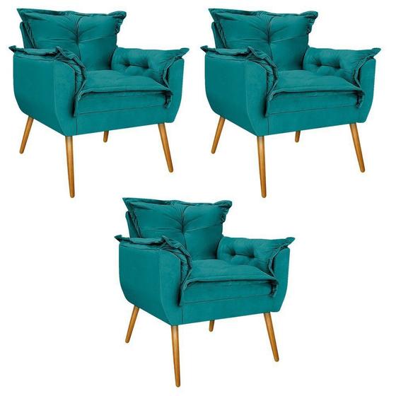 Imagem de kit 03 Poltronas Decorativas Apolo Palito Mel Suede Azul Turquesa