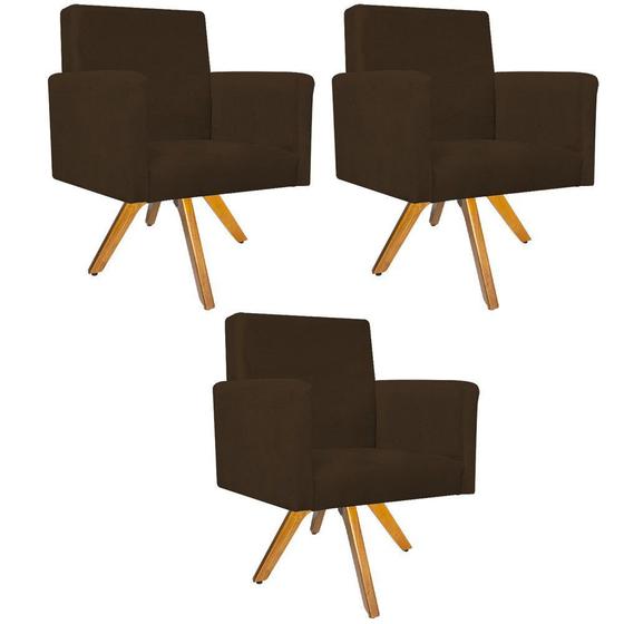 Imagem de kit 03 Poltronas Decorativas Arenzza Base Giratória de Madeira Suede Marrom - DAMAFFÊ MÓVEIS