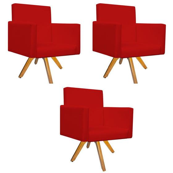 Imagem de kit 03 Poltronas Decorativas Beatriz Base Giratória de Madeira Corano Vermelho