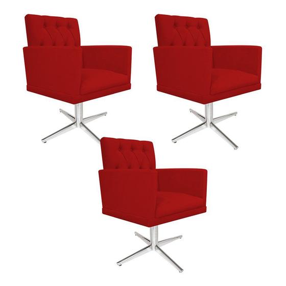 Imagem de kit 03 Poltronas Decorativas Fernanda Base Giratória de Metal Suede Vermelho