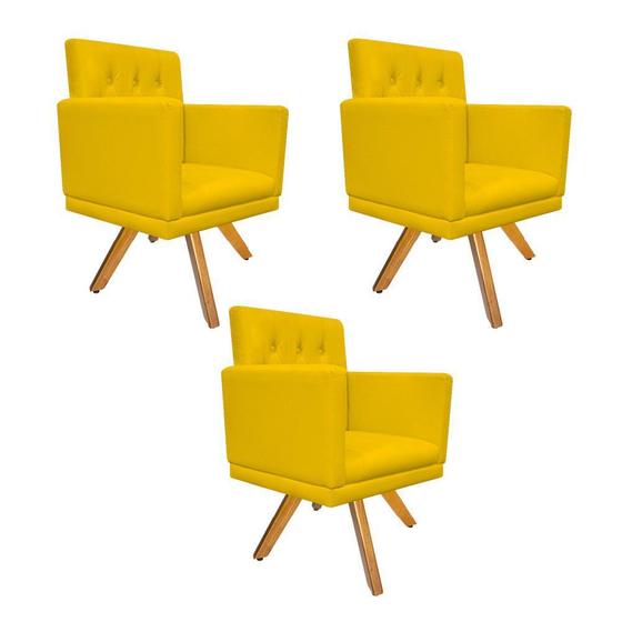 Imagem de kit 03 Poltronas Decorativas Nanda Base Giratória de Madeira Corano Amarelo - KDAcanto Móveis