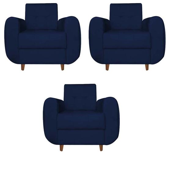 Imagem de Kit 03 Poltronas Golden Pés Palito Suede Azul Marinho - D'Classe Decor