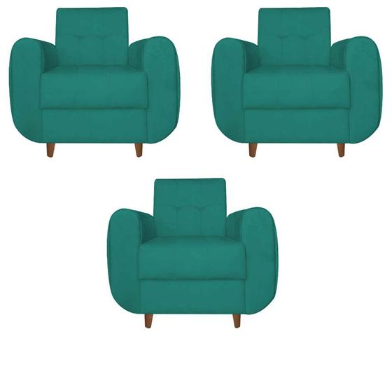 Imagem de Kit 03 Poltronas Golden Pés Palito Suede Azul Tiffany - D'Classe Decor