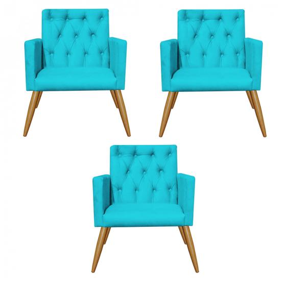 Imagem de Kit 03 Poltronas Nina Capitonê Decorativa Sala de Estar Recepção Suede Azul Turquesa - Ahz Móveis