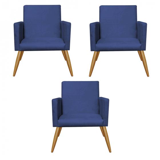 Imagem de Kit 03 Poltronas Nina Decorativa Sala de Estar Recepção Suede Azul Marinho - Ahz Móveis