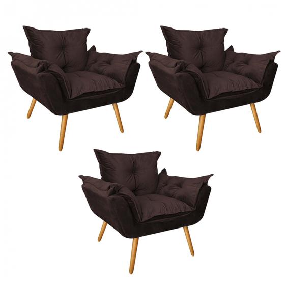 Imagem de Kit 03 Poltronas Opala Decorativa Para Sala de Estar Recepção Tecido Sintético Marrom - Ahazzo Móveis