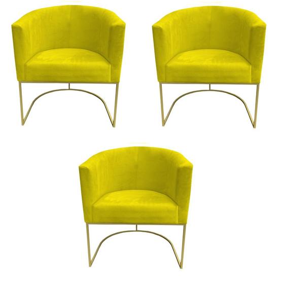 Imagem de Kit 03 Poltronas Paola Base de Ferro Sued Amarelo - D'Classe Decor