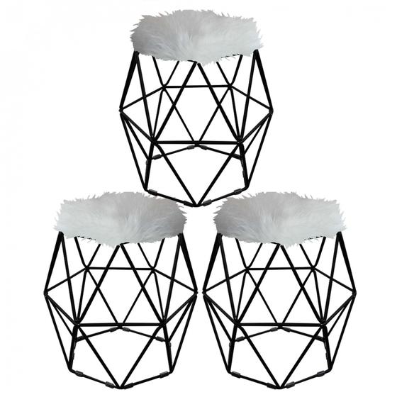 Imagem de Kit 03 Puff Banqueta Aramado Luna Sala Quarto Hexágono Base Preto Pelúcia Pelo Alto Branco - Ahazzo Móveis