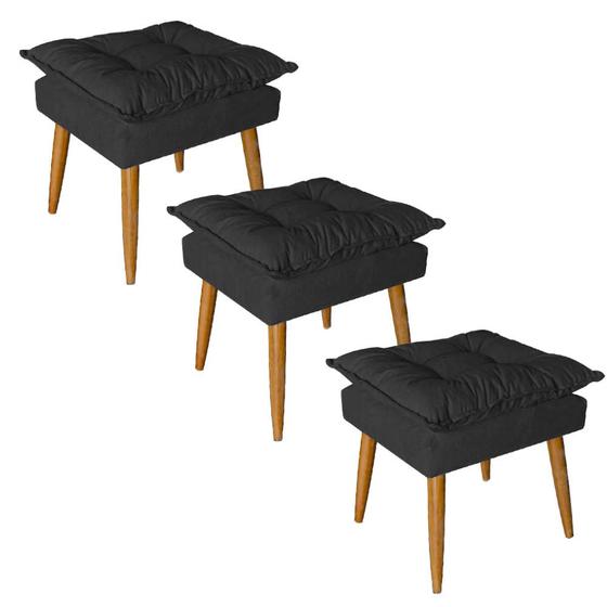 Imagem de Kit 03 Puff Puf Banqueta Opala Para Quarto Sala Recepção Suede Preto - Ninho Decor