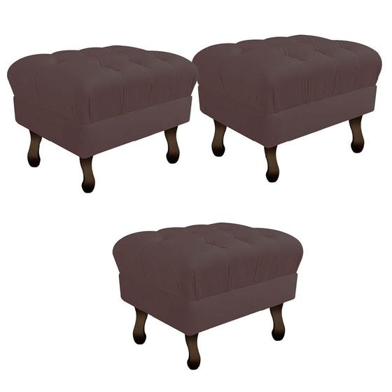 Imagem de Kit 03 Puff Retrô Capitonê Decorativo  Pé em Madeira Sala de Estar Recepção Escritório material sintético Marrom - Damaffê Móveis