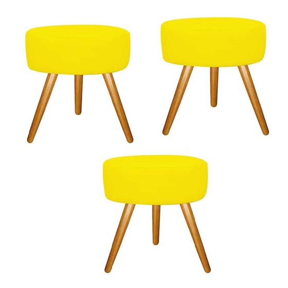 Imagem de Kit 03 Puff Sofia Redondo Decorativo  Pé Palito Sala de Estar Recepção Escritório Tecido Sintético Amarelo - KDAcanto Móveis