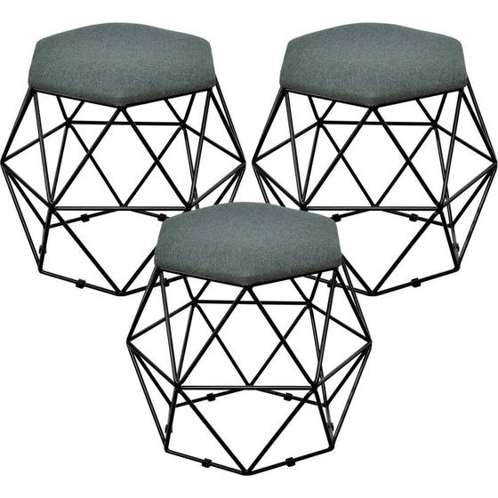 Imagem de Kit 03 Puffs Decorativo Aramado Preto Six Linho Chumbo - Lyam Decor