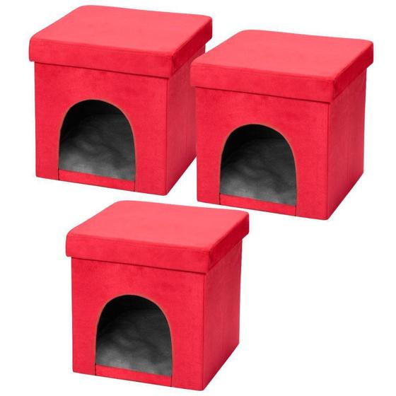 Imagem de Kit 03 Puffs Pet Baú Casinha Desmontável Dobrável Suede Vermelho 38x38 M01 - Lyam Decor