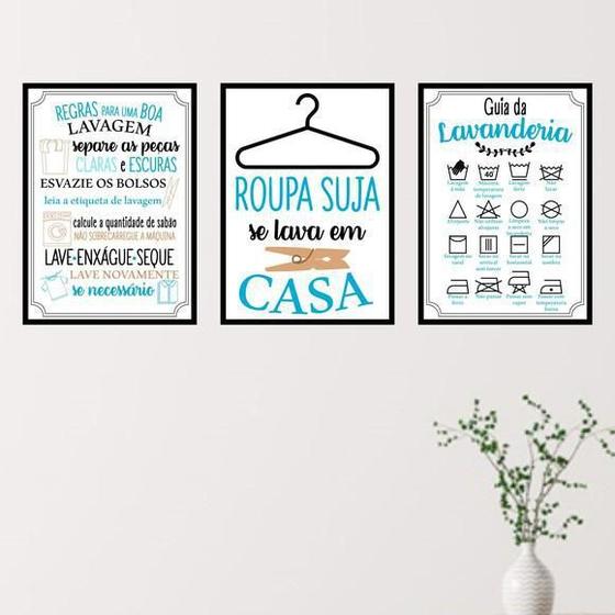 Imagem de Kit 03 Quadros Decorativos Lavanderia Azul 45x34Cm