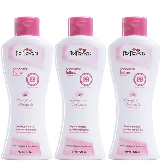 Imagem de Kit 03 Sabonete Íntimo Hot Flowers MORANGO COM CHAMPANHE 130ml