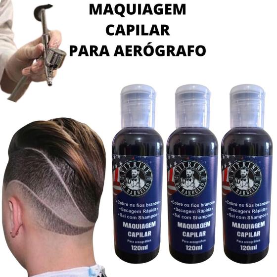 Imagem de Kit 03 Tinta Preta Maquiagem Capilar Aerógrafo P/ Barbearia!