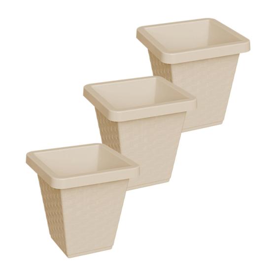 Imagem de Kit 03 Vasos Rattan Quadrado 14 Litros Vaso Reforçado Para Flores Jardim Decoração - Capuccino