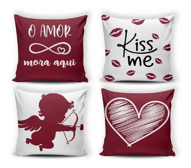 Imagem de Kit 04 Almofada Cheia Decoração 43x43 Feliz Dia dos Namorados Bordô e Branco